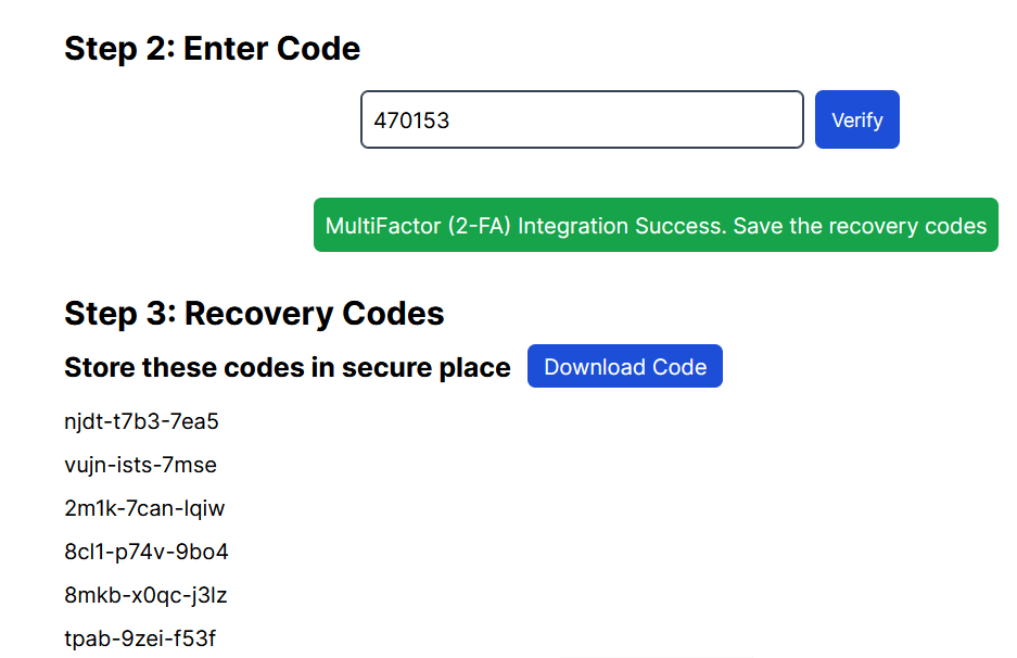display recovery codes